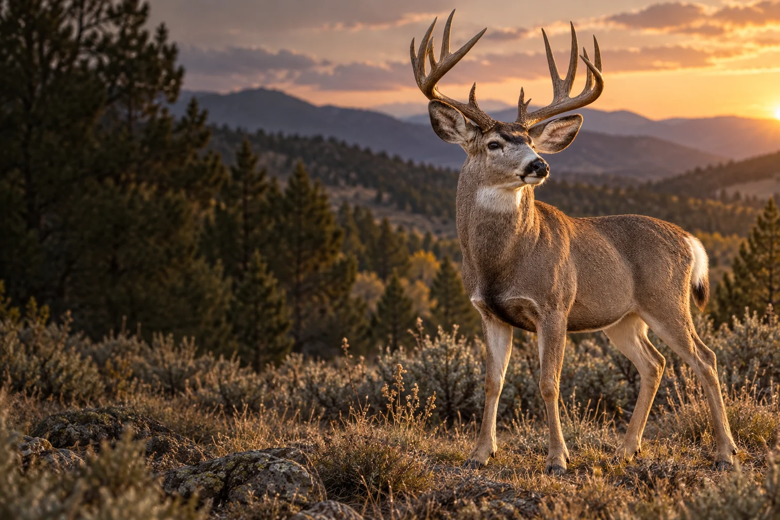 mule deer in natural terrain, wildlife illustration